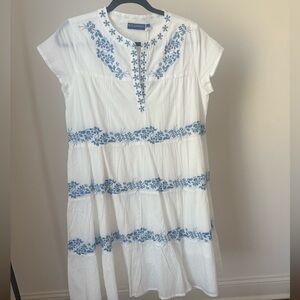 Ros Garden White Cotton Dress with Blue Floral Embroidery NWT